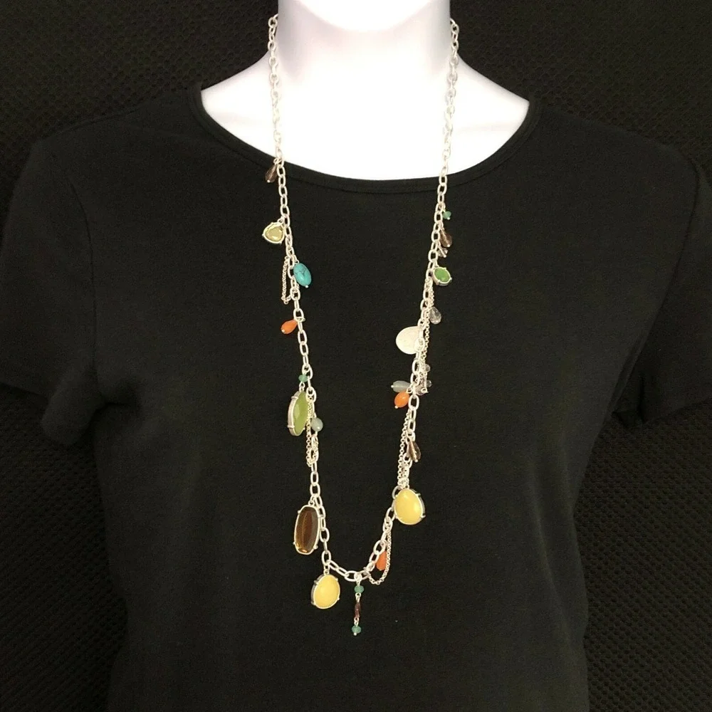 Lia Sophia‎ Boho Necklace Yellow Blue Silver Tone Long Multicolor 40 inches